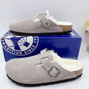 Birkenstock Boston Shearling Mule Clog Flat Gray Suede EU 40 Womens US 9- 9.5